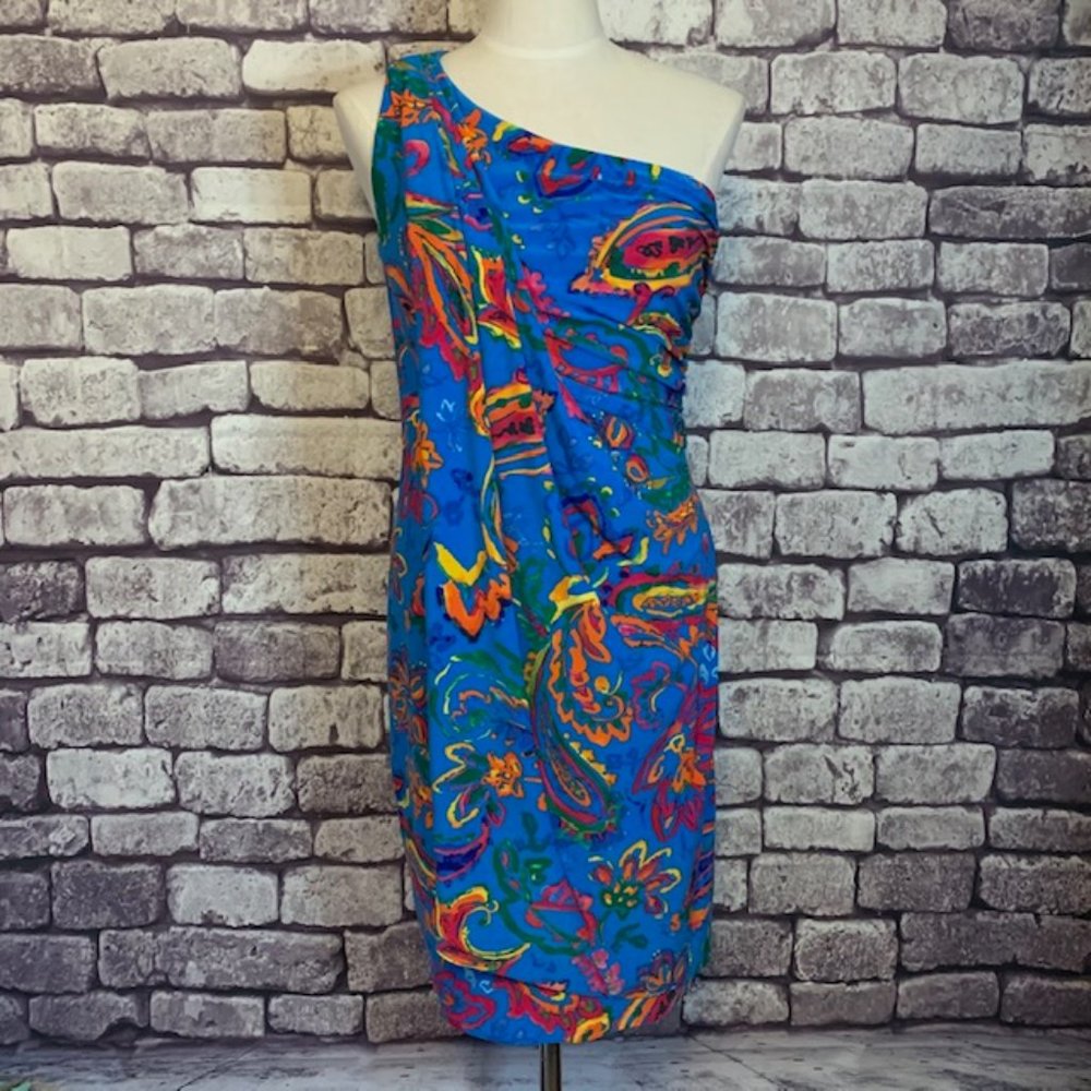 DONATED✨HPx2✨ Ralph Lauren One-Shoulder Multi-colored Dress Size 8 💙💗💛💚